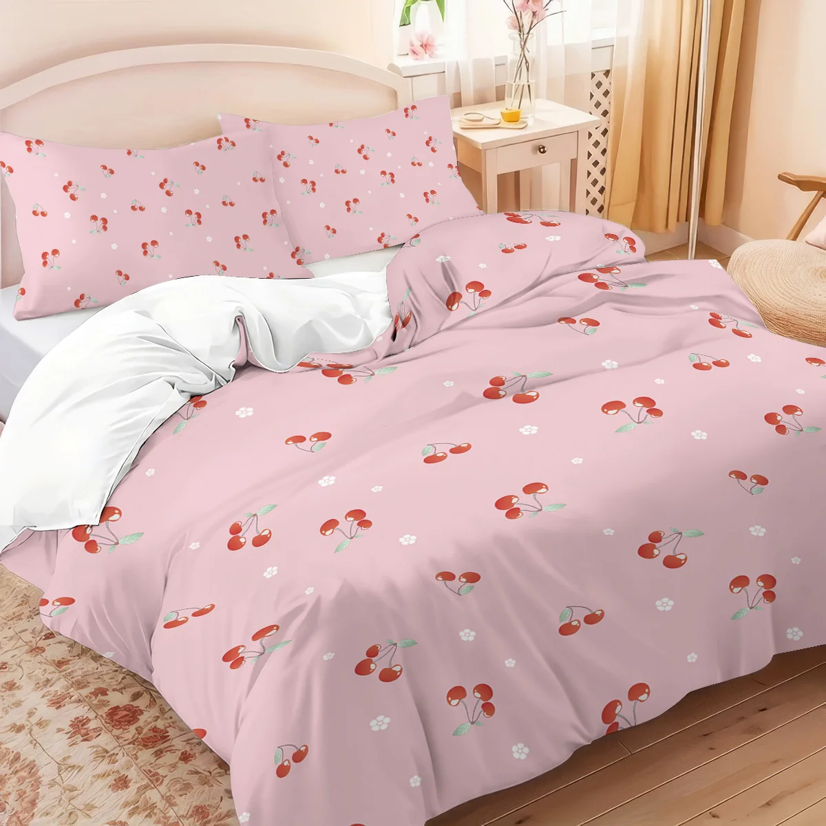 3-teiliges Bettbezug-Set mit rosa Schleife und Kirschmuster, 1 Bettbezug + 2 Kissenbezüge, kernlos. Weiches und bequemes Bettwäscheset Image