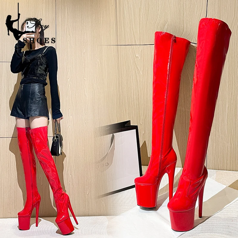 2025 neue Damenstiefel Trend Ultra High Heel 20 cm/8 Zoll runder Kopf Sexy Overknee-Stiefel dünner Absatz Reißverschluss Plattform lange Stiefel