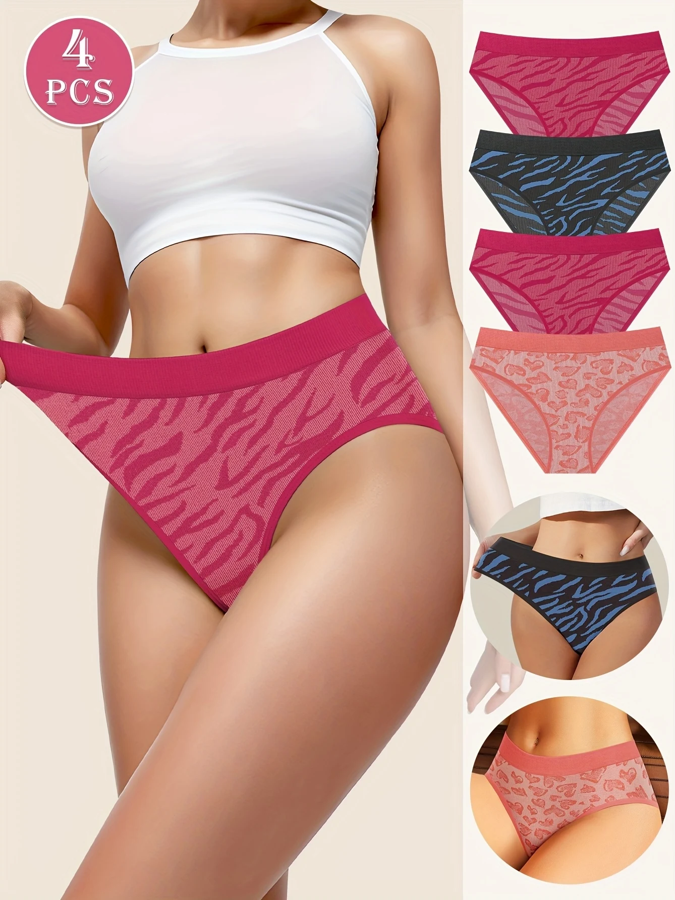 4-teilige Damen-Slips mit niedrigem Bund – Leopardenmuster, nahtlos, hochelastisch, atmungsaktiv und bequeme Unterwäsche von MIOTAN, mit einem Image