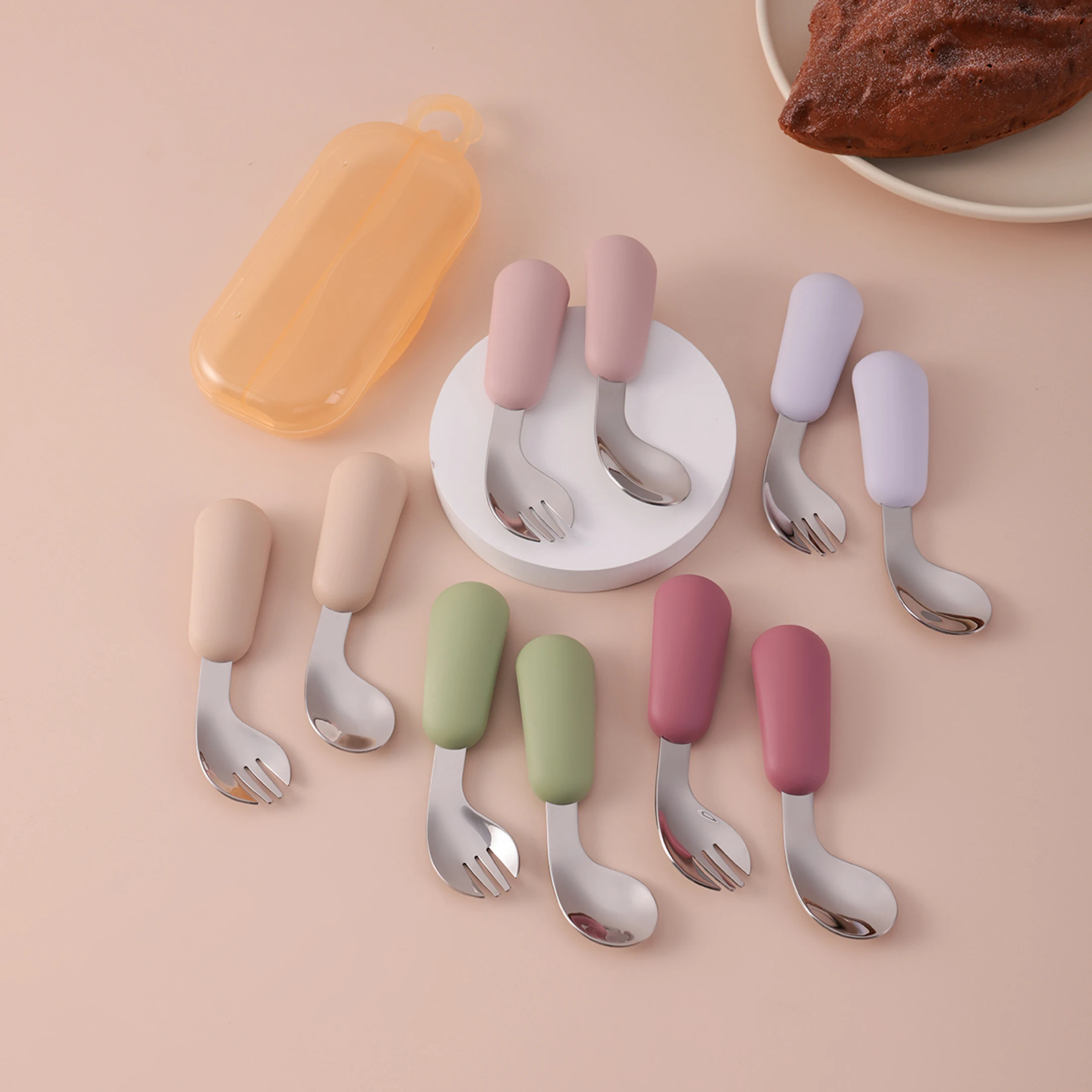 2PCS Food Grade Silikon Baby Fütterung Set Edelstahl Löffel Gabel BPA FREI Kleinkind Utensilien Nicht Slip Grip Kinder geschirr