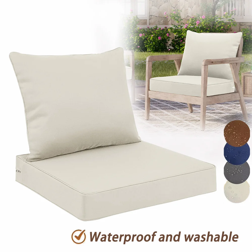 Stuhlkissen für den Außenbereich, 2er-Set, wasserdichte Rückenlehne und tiefe Sitzkissen-Set für Terrassenmöbel, hochelastische Schwammfüllung