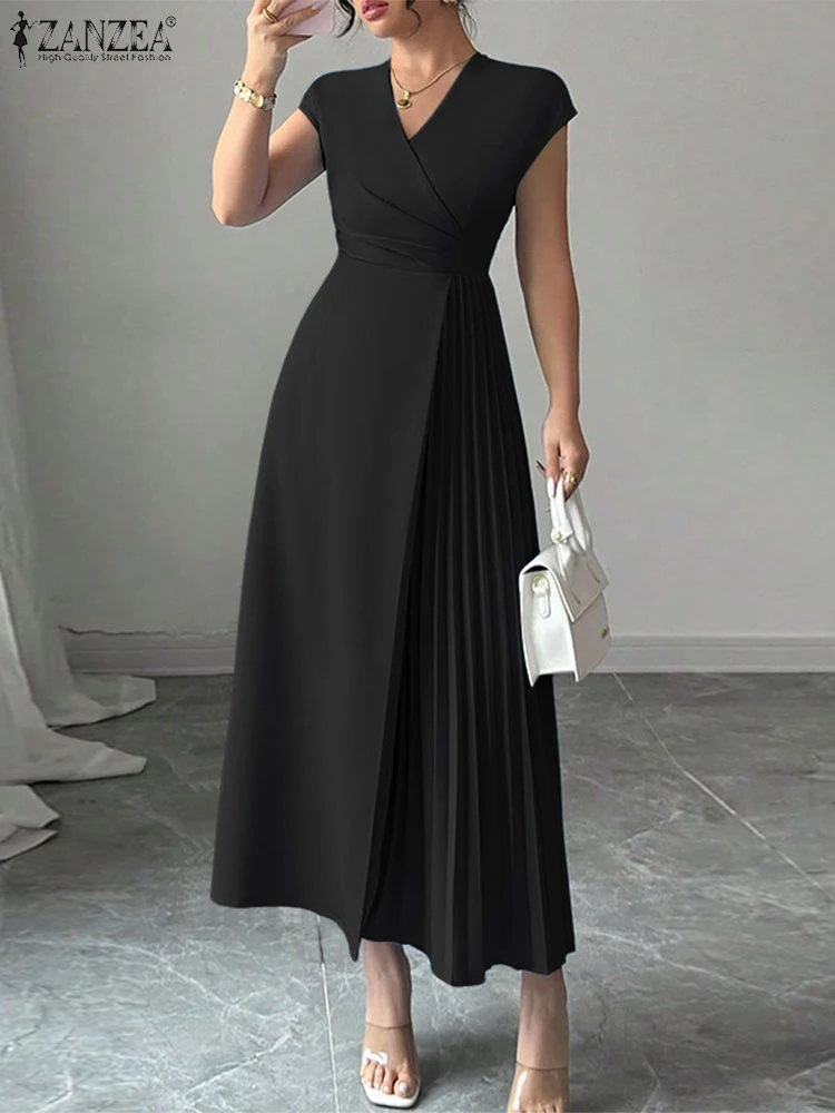 ZANZEA Stilvolles Partykleid mit V-Ausschnitt und Taille, elegante Damenkleider 2025, ärmelloses Sommerkleid, solide Plissee-Robe, Maxi, lange Vestidos Image