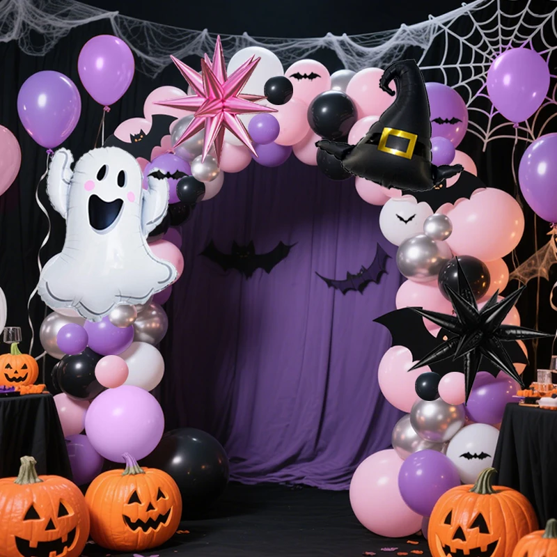 Das Halloween-Ballonbogen-Set enthält gruselige und Hexenhut-Folienballons für die Halloween-Dekoration von Geburtstagsfeiern Image