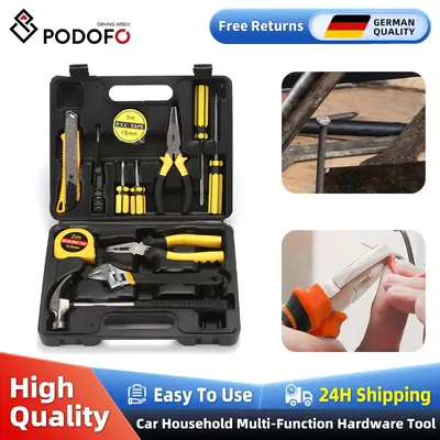 Podofo 13 in 1 Household hand Tool Set General House hold Hand Tool Kit with Plastic Toolbox Storage Case Car repair Home Repair