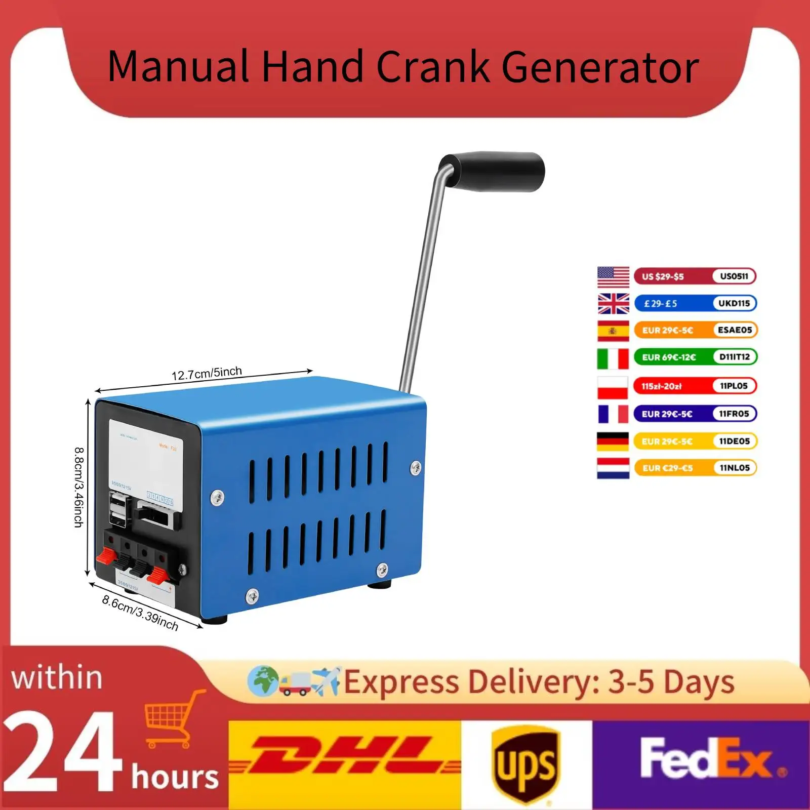 20-W-Handkurbelgenerator, Notstromversorgung, USB-Aufladung, Mehrspannungsanschlüsse (3 V–28 V) für Outdoor-Survival-Camping Image