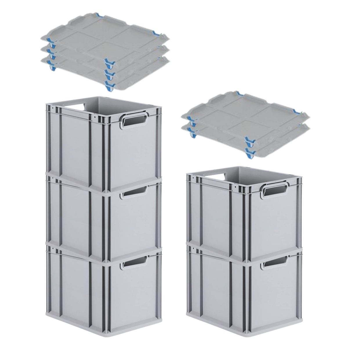 PROREGAL SparSet 5x Eurobox NextGen Economy mit Auflagedeckel & 4x Verschlüsse Blau, Griffe offen, HxBxT 32x30x40cm, 30L, Eurobehälter, Box Image