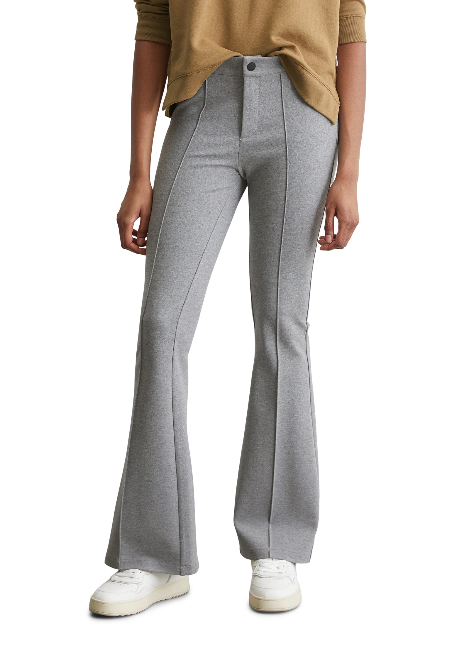 Chinohose MARC O'POLO DENIM "aus kompakter Interlock-Qualität", Damen, Gr. M, Normalgrößen, schwarz shadow melange, Obermaterial: 74% Viskose, 21% Polyamid, 5% Elasthan, unifarben, bootcut fit normal, Hosen Chinohose