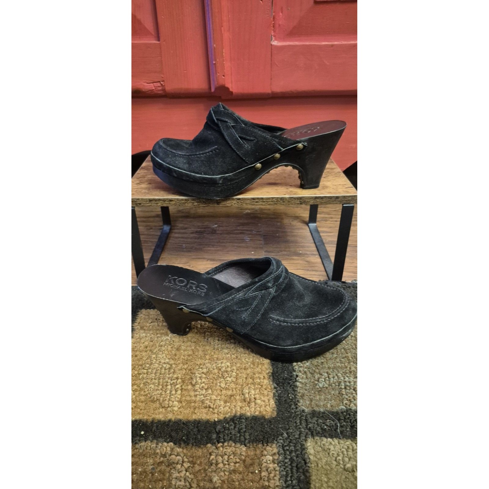 Michael Kors Shoes | Kors Michael Kors 7m Black Suede Roxy Mules Y2k Wooden Heel Studded Braided Euc | Color: Black | Size: 7