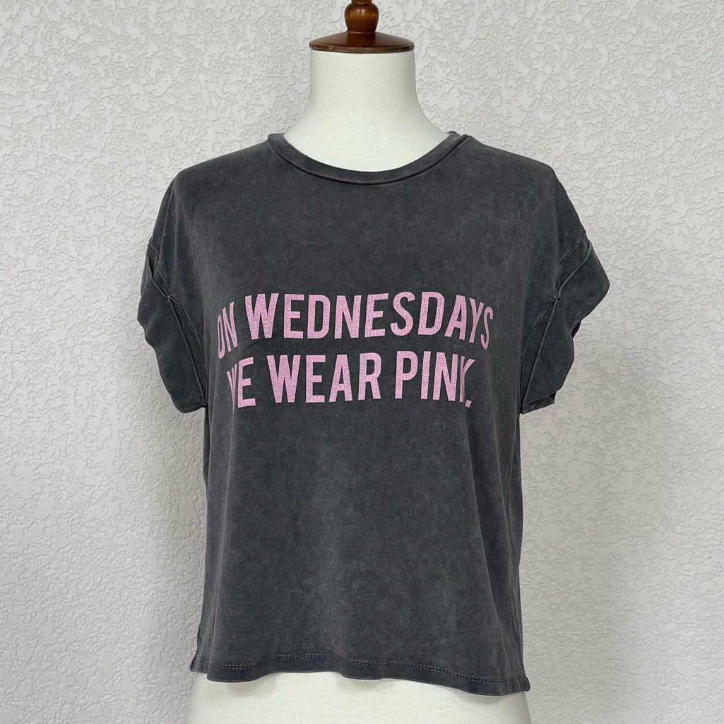 Brandy Melville Tops | Brandy Melville Mean Girls “On Wednesday We Wear Pink” Charcoal Cropped Tee | Color: Gray/Pink | Size: One Size