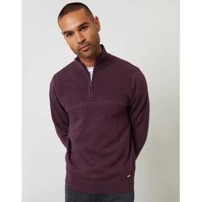 Burgundy Rib Detail Knitted Quarter Zip Jumper
