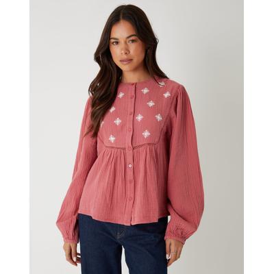 Pink Crinkle Texture Cotton Embroidered Button Up Blouse