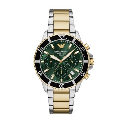 Chronograph EMPORIO ARMANI, edelstahlfarben, goldfarben, dunkelgrün, Armbanduhren, Herren, Armbanduhr, Solar, Herrenuhr, Silikonarmband, analog, Tag Image