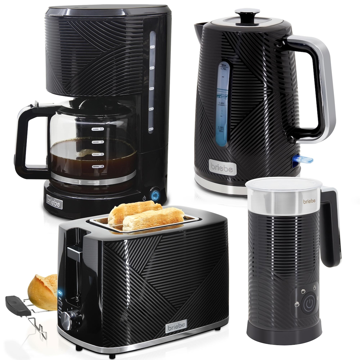Briebe Elegance Set Toaster + Wasserkocher + Filterkaffeemaschine + Milchaufschäumer, SKT1185BLK, Schwarz Image
