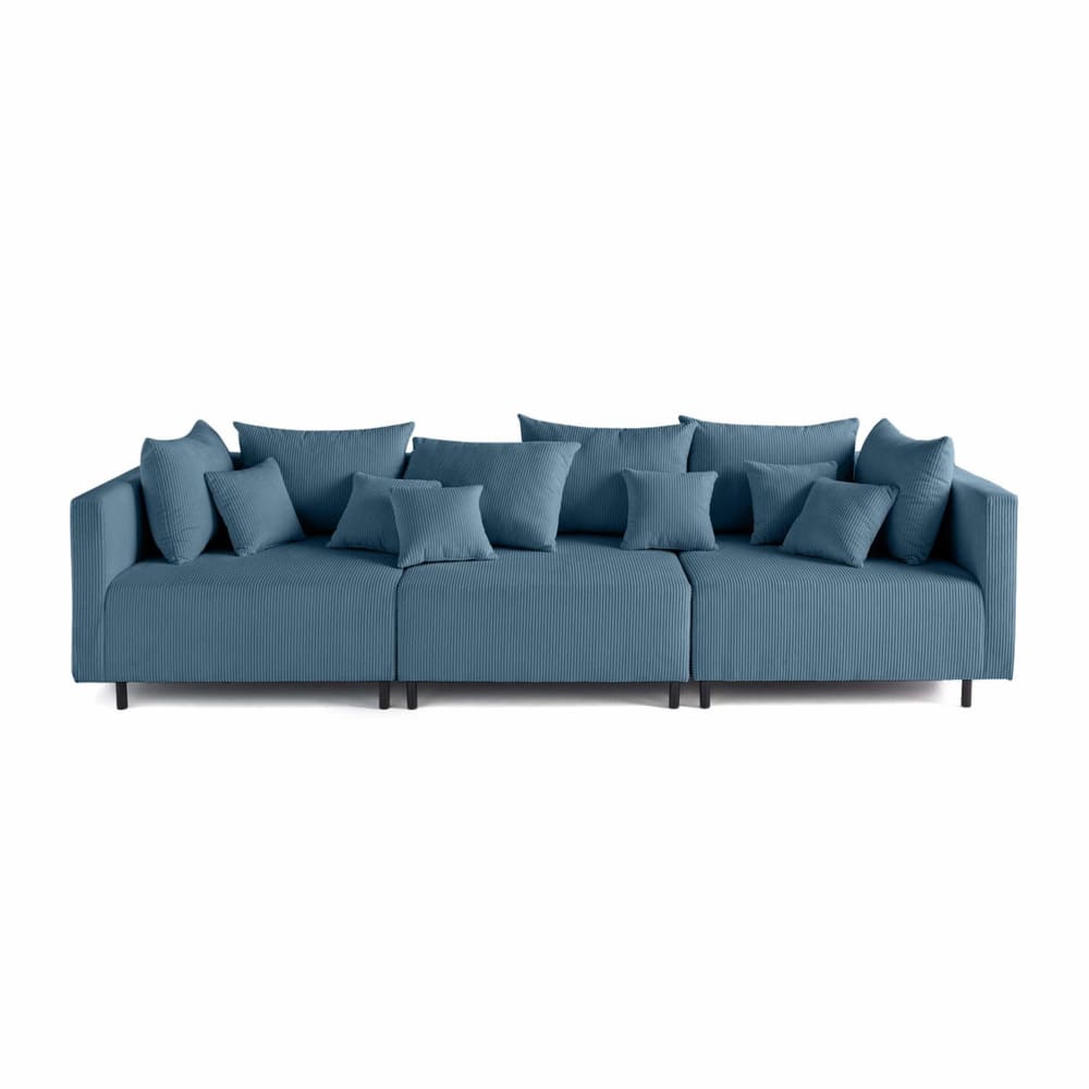 Canapé modulable 3 places en velours côtelé bleu