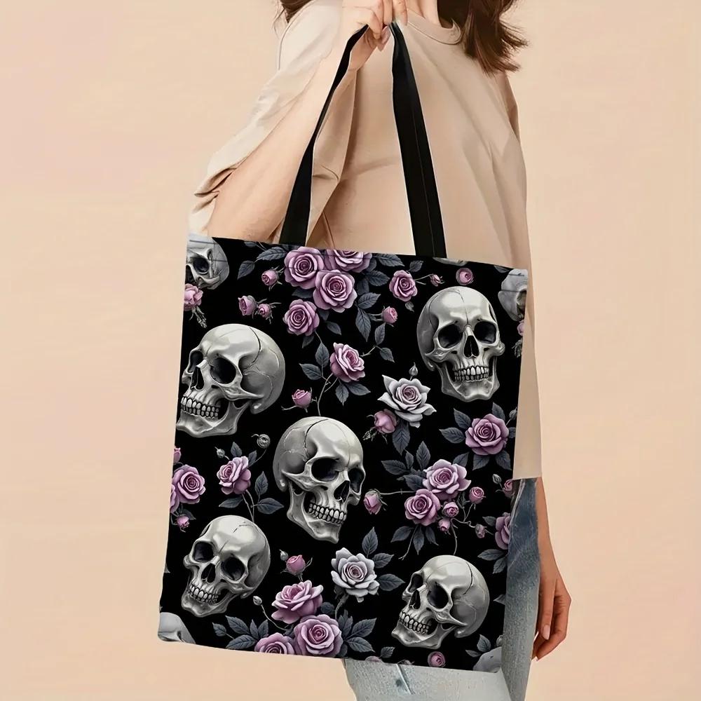1 Stück Gothic Rose Floral Skull Tote Bag – Stilvolle wiederverwendbare Schulterhandtasche zum Einkaufen, Schwarz mit rosa Rosen und weißen Totenköpfen