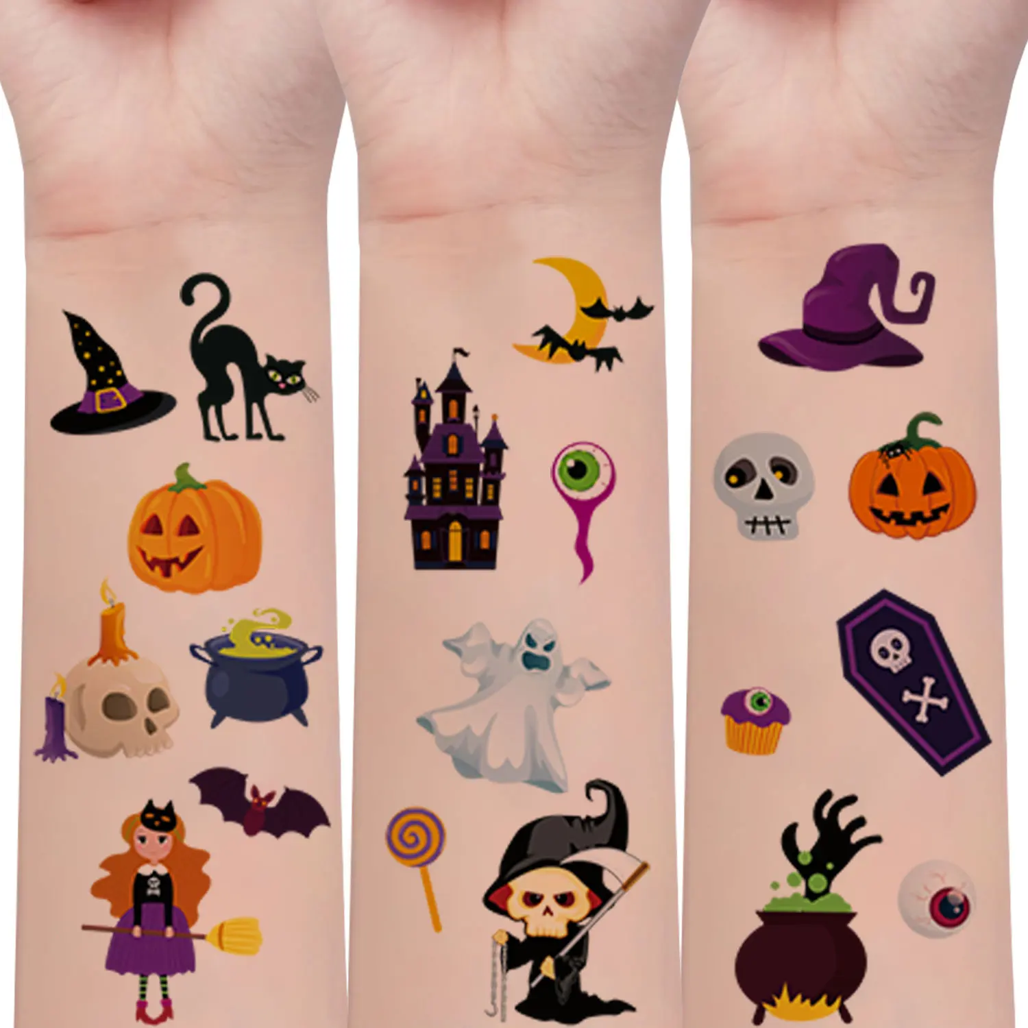 10 Blatt 150 temporäre Tattoo-Aufkleber mit Cartoon-Halloween-Mustern, schwarze Katze, Fledermaus, Spinne, Vampir, Zombie, Hexe, Muster-Tattoos Image