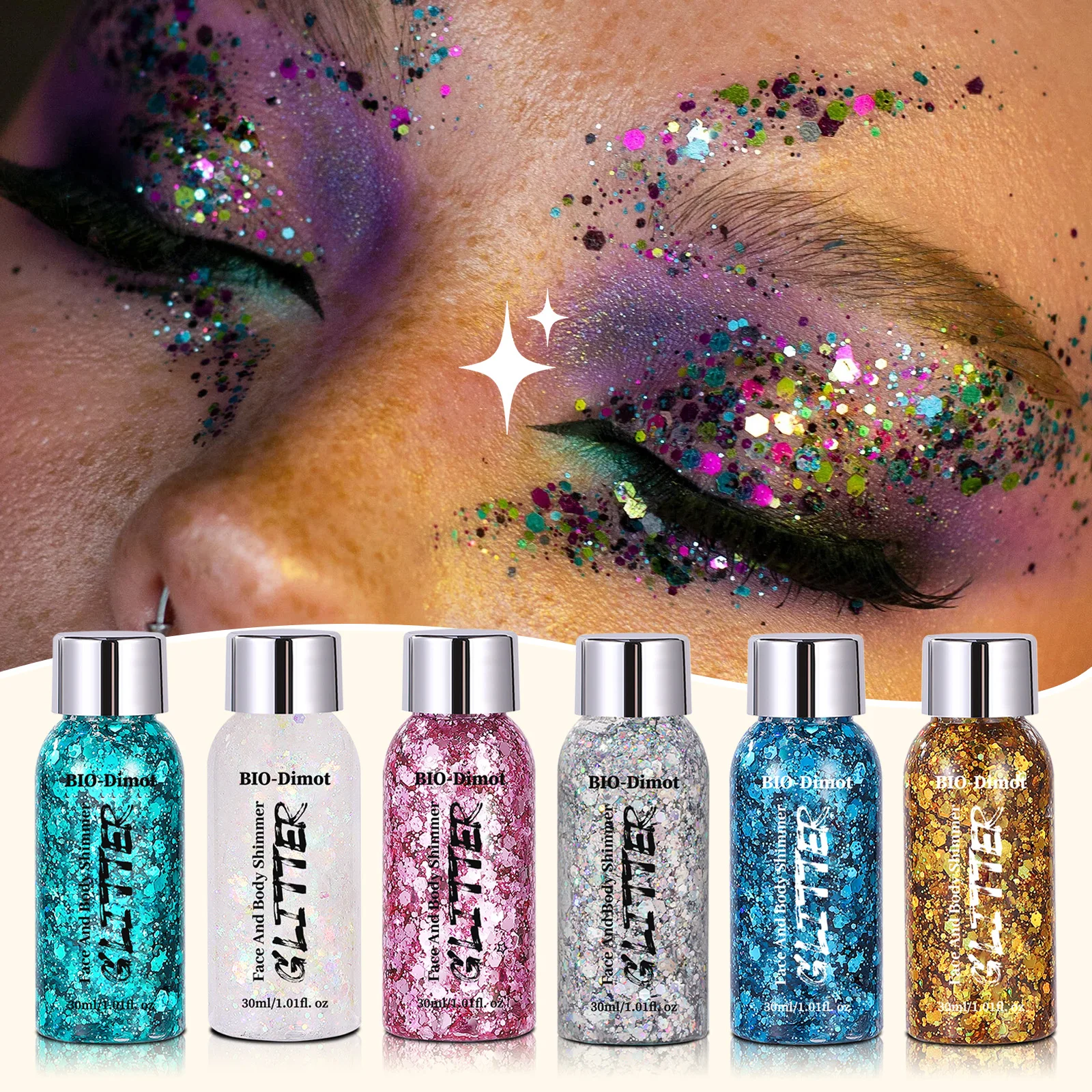Ganzkörper-Gel-Pailletten, flüssiger Lidschatten und Haar-Highlights, langlebig, nicht leicht zu entfernen, für Festival-Party-Bar-Make-up Image