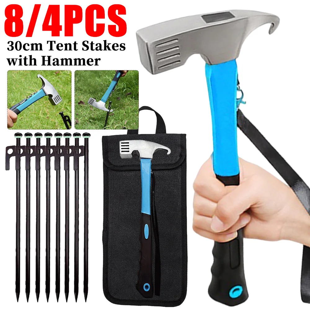 8/4PCS Camping Zelt Stakes und Hammer Set Heavy Duty Geschmiedet Stahl Zelt Heringe Hering Boden Nägel 30cm Outdoor Camping Liefert Image