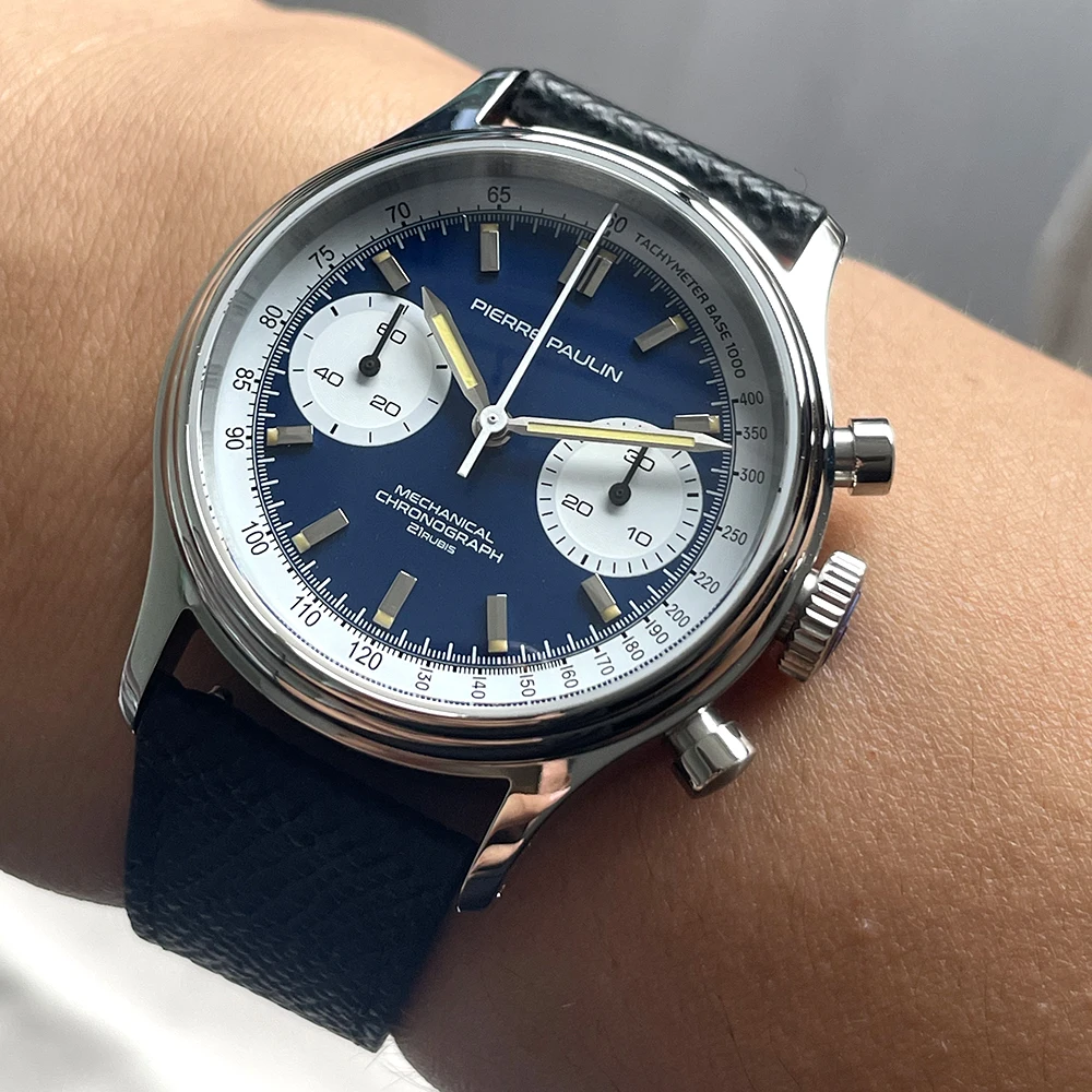 PIERRE PAULIN Retro 70‘s Vintage Panda Style Chronograph Mechanical Men's Complicated 38MM Blue Luxury Classic Wrist Watch