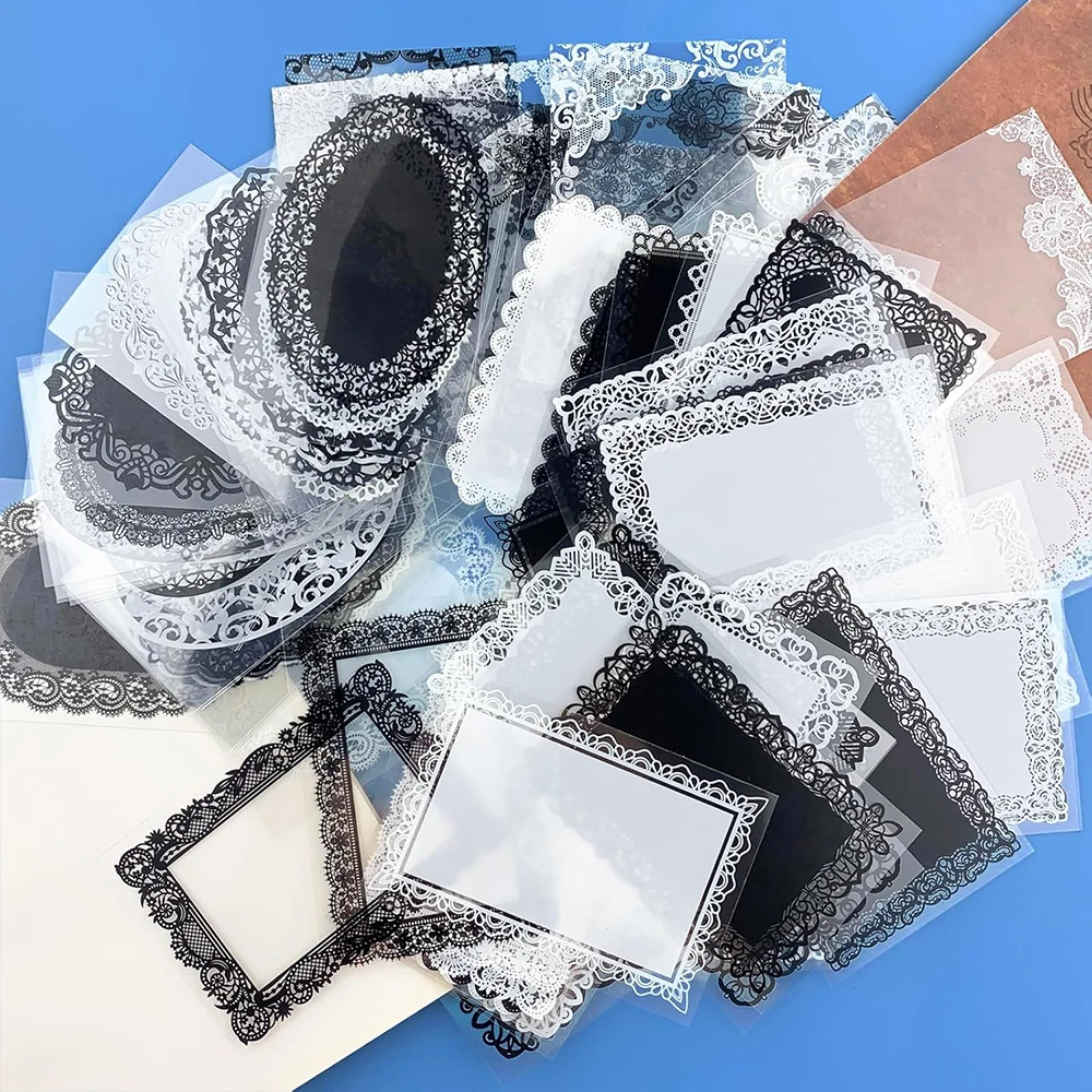 30 teile/paket Unwiederholte Muster Vintage Spitze Aufkleber Schwarz Tinte Weiße Tinte Verschiedene Spitze Boarder Aufkleber Karte Journal Scrapbooking Image