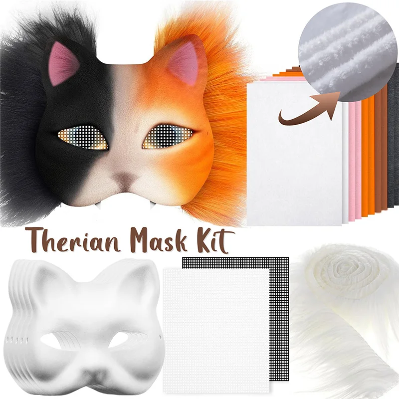 Kit maschera in polpa bianca fai-da-te Maschera divertente per tieri Maschera per gatto volpe Maschera mezza faccia per graffiti fatta a mano per bambini per festa in maschera cosplay