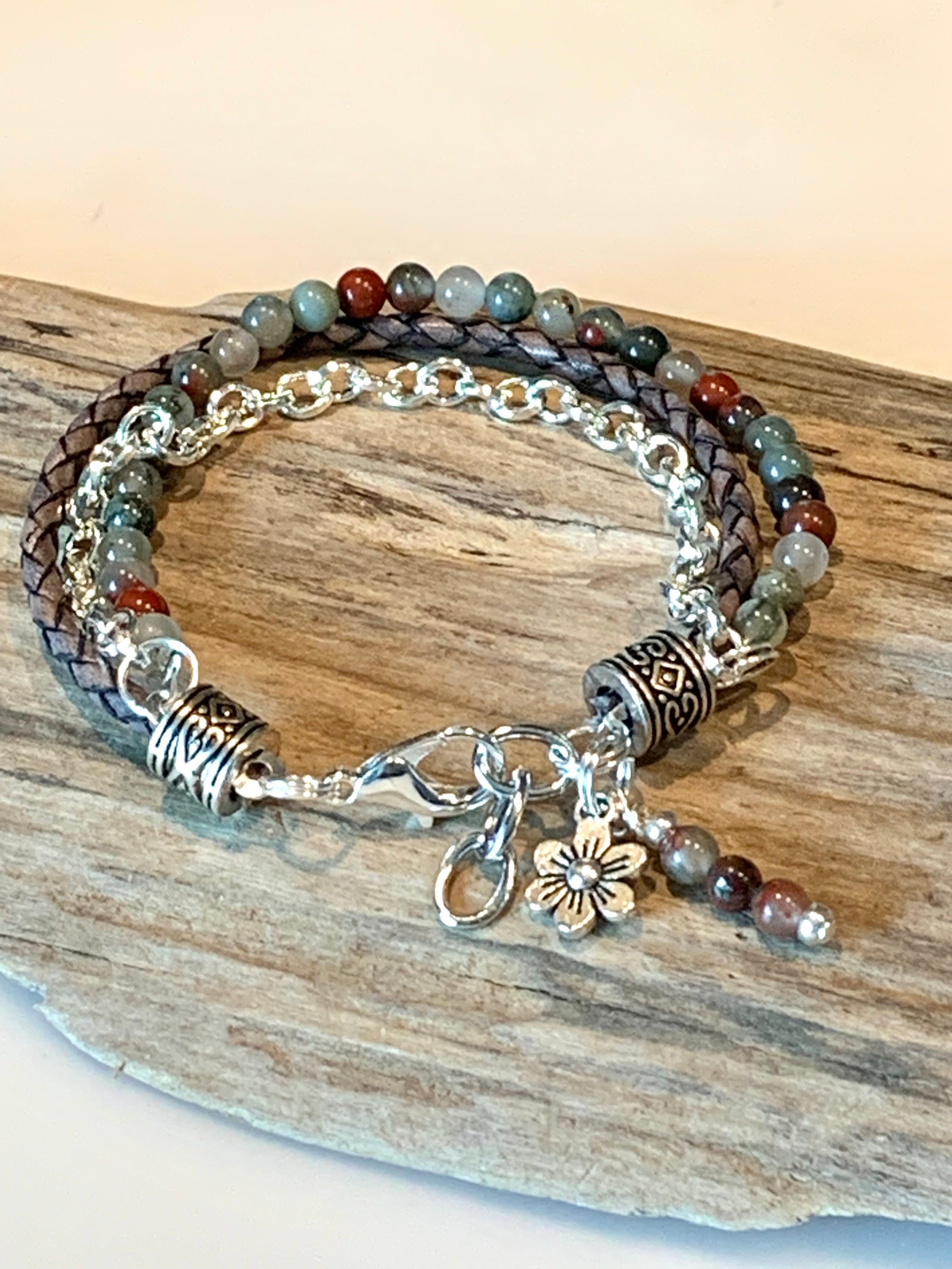 Braccialetto Boho con perline, Braccialetto con perline in diaspro e pelle, Braccialetto Boho, Braccialetto con ciondolo singolo in diaspro rotondo, F