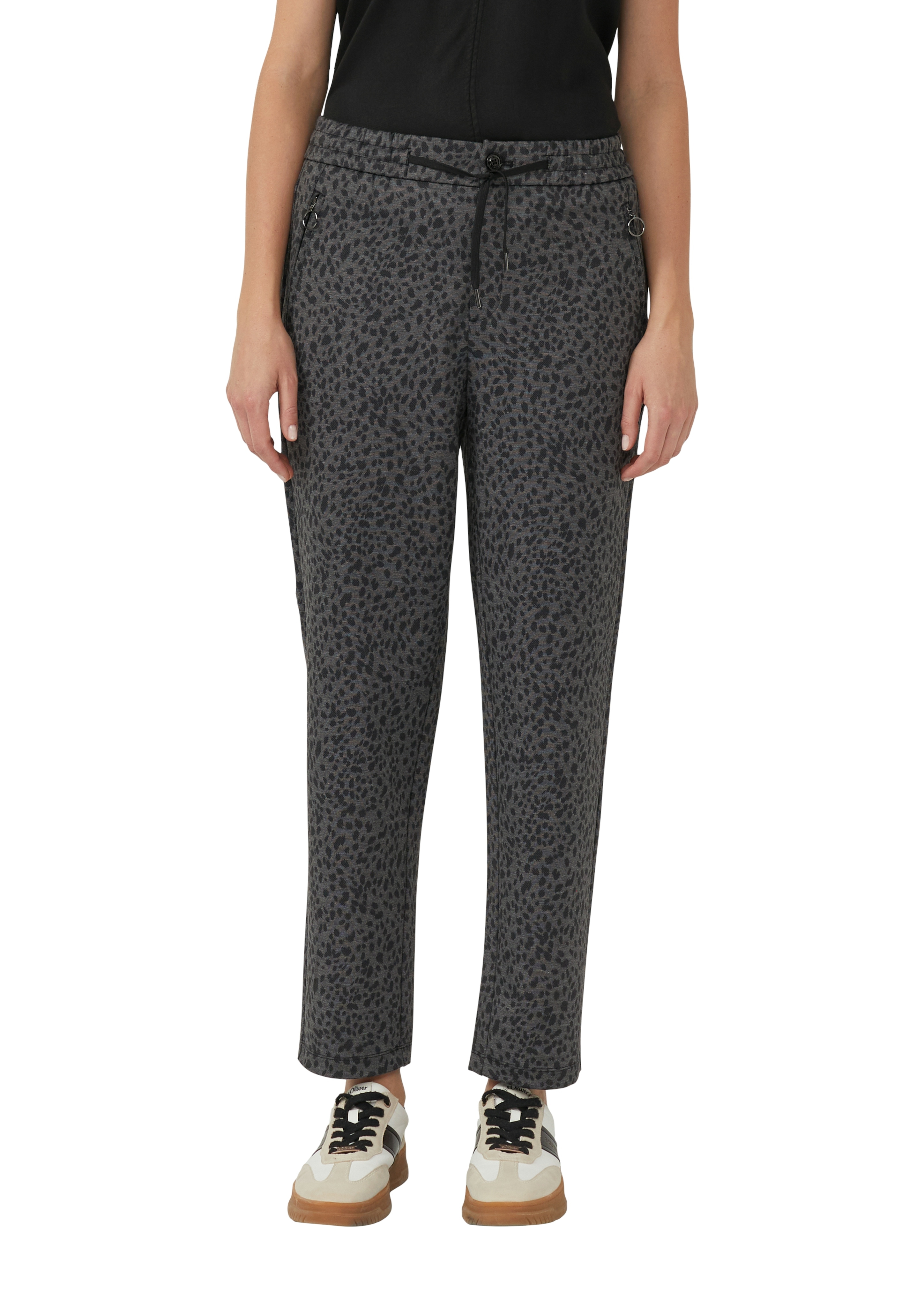 Stoffhose S.OLIVER, Damen, Gr. 42, N-Gr, schwarz (grau, schwarz), Web, Obermaterial: 70% Polyester, 26% Viskose, 4% Elasthan, animal-print, gerade lang, Hosen, mit Leo-Print