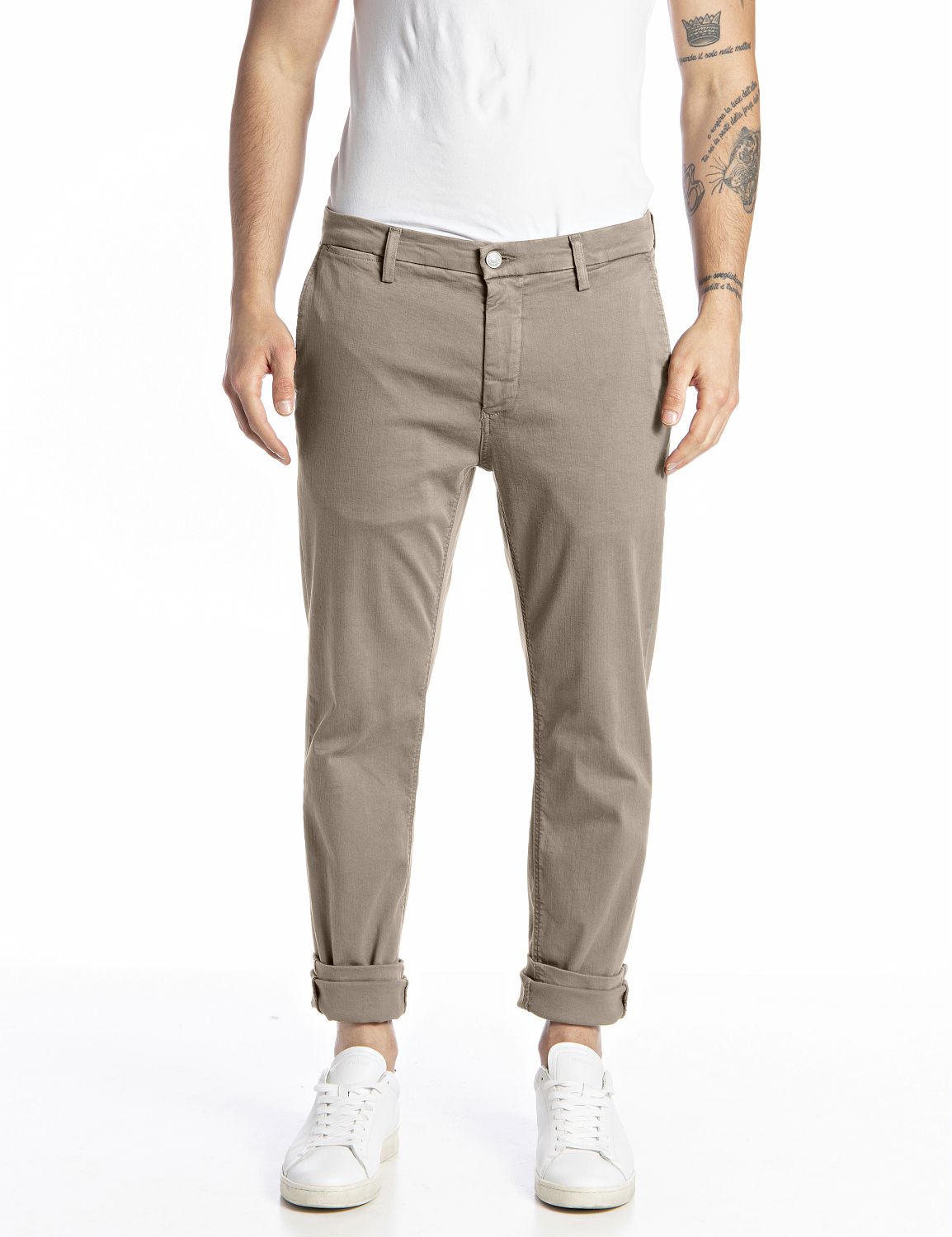 Chinohose REPLAY "ZEUMAR", Herren, Gr. 34, Länge 34, beige (sand), Web, Obermaterial: 91% Baumwolle, 6% Elastomultiester, 3% Elasthan, unifarben, slim fit normal, Hosen Chinohose, Slim Fit