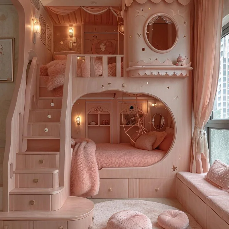 Geländer Europa Kinderbetten Doppeldecker Normales individuelles Design Mädchen Kleinkindbett Prinzessin Schloss Cama Infantil Möbel Zuhause Image