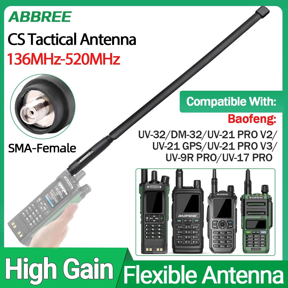 ABBREE CS Taktische Walkie Talkie Antenne Dual Band SMA-Buchse Faltbare Antenne Für Baofeng UV-32 DM-32 UV-21 PRO V2 Ham Radio Image