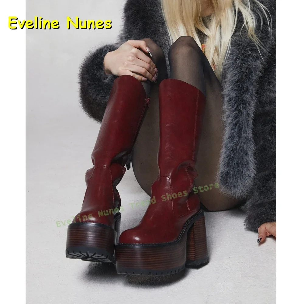 Rote Holzplattform Retro Stiefel Runde Zehen Chunky Heels Pull On Splicing Kniehohe Stiefel Street Style Cosplay Lolita Schuhe Herbst