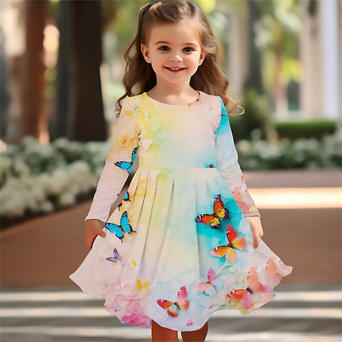 Mädchen' 3D Blumen Schmetterling Kleid Langarm Sommer Frühling Urlaub Täglich Ferien Prinzessin Schön Süß Kinder 4-12 Jahre Freizeitkleid A Linie Kleid Knielang Normale Passform Image