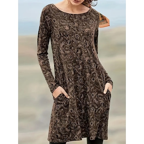 Damen Midikleid Paisley-Kleid Freizeitkleid Winterkleid T-Shirt-Kleid Lässig Date Normale Passform Blumen Paisley-Muster Langarm Rundhalsausschnitt Dunkelgrün Tintenblau Braun Herbst Winter Image