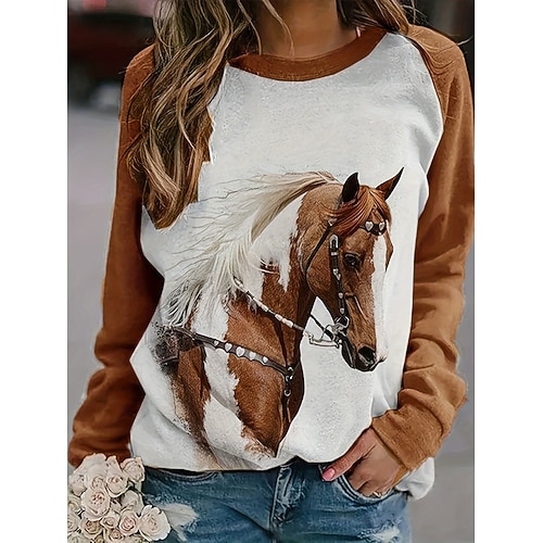 Damen Pullover Grafik Tiermotiv Lässig Langarm Rundhalsausschnitt Normale Oberteile Lässig Braun Frühling Herbst Winter Image