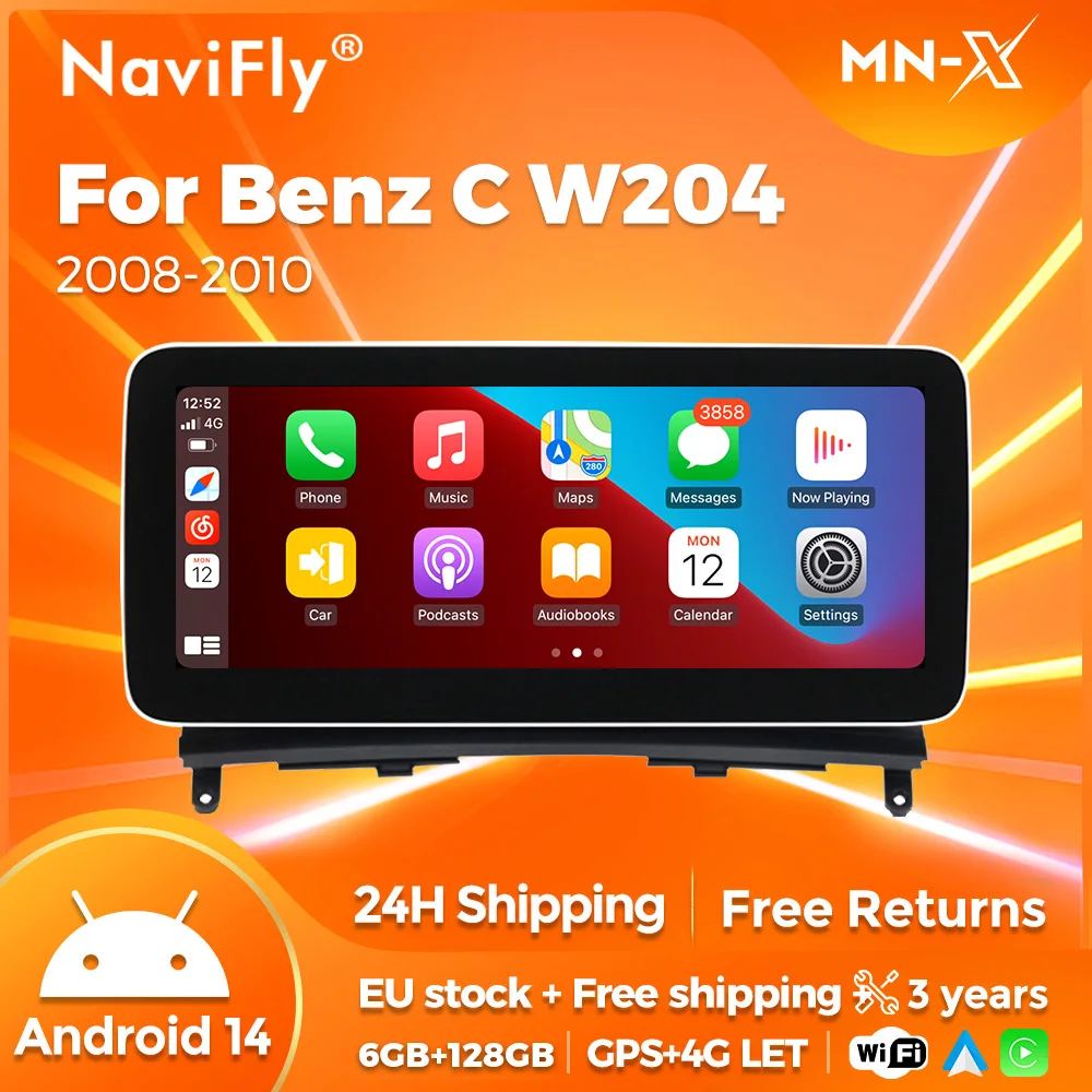 NaviFly 10,25 "Android 14 Drahtlose Carplay Auto Radio Für Mercedes Benz C Klasse W204 S204 2008-2010 GPS multimedia WIFI 4G LTE Image