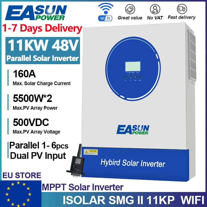 Inverter Solare Ibrido EASUN POWER 4KW 11KW 48V 24V 230V 150A con Regolatore Solare MPPT PV 500V, Inverter Off-Grid con WIFI e Funzione Parallela