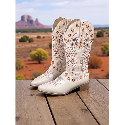 Weiße Western-Cowboystiefel für Damen mit einzigartigem, farbenfrohem Stickdesign und Blockabsätzen, Schuhe im Bohème-Western-Stil Image