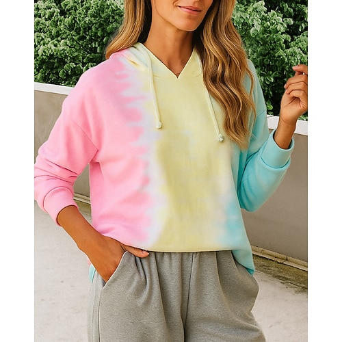 Damen Lässiges Sweatshirt Hoodie Kordelzug Langarm Oberteil Athleisure Herbst V Ausschnitt Batik Mode Outdoor Reise Sport Sportbekleidung Sportkleidung Blau Rosa Orange Image