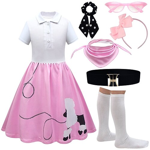 Retro Vintage 1950er Grease-Outfits Kleid Outfits Pudelröcke Druck Kostüm Mädchen Karneval Maskerade Leistung Party Kinder Kleid Gürtel Schal Image