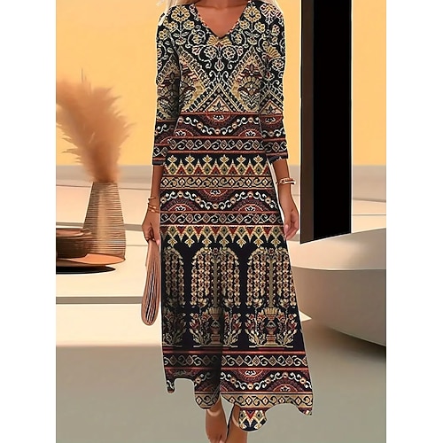 Damen Midikleid T-Shirt-Kleid A Linie Kleid Urlaub Lässig Boho Täglich Ferien Date Normale Passform Blumen Grafik Geometrisch Langarm V Ausschnitt Dunkelbraun Weiß Rostrot Rote Herbst Winter Image