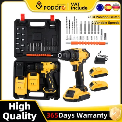 Podofo 21V Cordless Electric Screwdriver Set High Torque 2 Speed Brushed Impact Drill DIY Power Tools Rechargeable Hand Drill