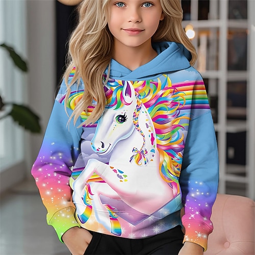 Mädchen 3D Einhorn Kapuzensweatshirt Langarm Herbst Winter Mode Niedlich Basic Kinder 4-12 Jahre Mit Kapuze Outdoor Lässig Täglich Normale Passform Image