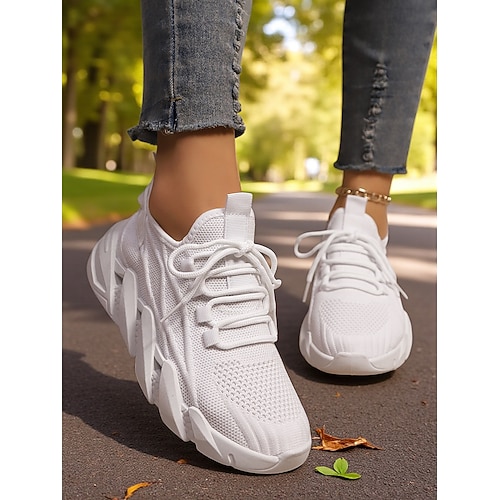 Weiße Schnür-Sneakers mit dicker Sohle für Damen – leichte, atmungsaktive Mesh-Sportschuhe zum Laufen, Gehen und für lässige Outfits Image