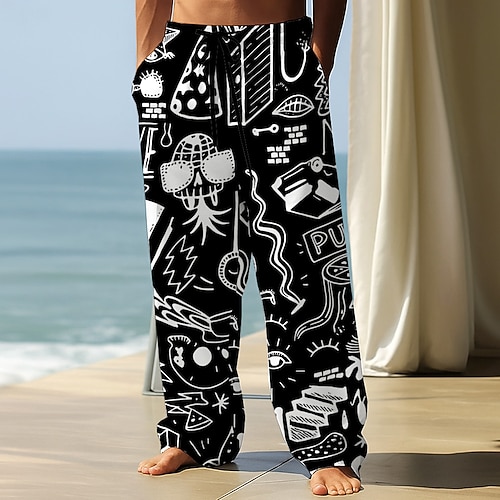 Herren Strichmännchen Hose Baggy-Hosen Freizeithose Mittlere Taille Vintage-Retro Outdoor Urlaub Streetwear Elastischer Kordelzug in der Taille Leinenähnliche Hose mit Taschen Frühling Herbst 3D-Druck Image