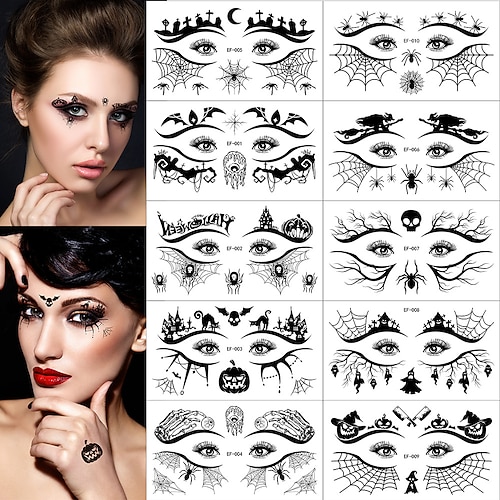 Halloween Spinnenaugen-Make-up-Tattoos – 10 Stück schwarzer Eyeliner und temporäre Augenwinkel-Tattoos, wasserfest zur Gesichtsdekoration Image