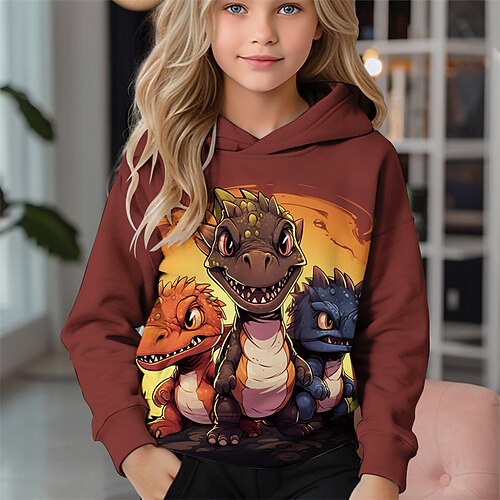 Mädchen 3D Cartoon Dinosaurier Kapuzensweatshirt Langarm Frühling Herbst Mode Streetwear Kinder 4-12 Jahre Mit Kapuze Outdoor Lässig Täglich Normale Passform Image