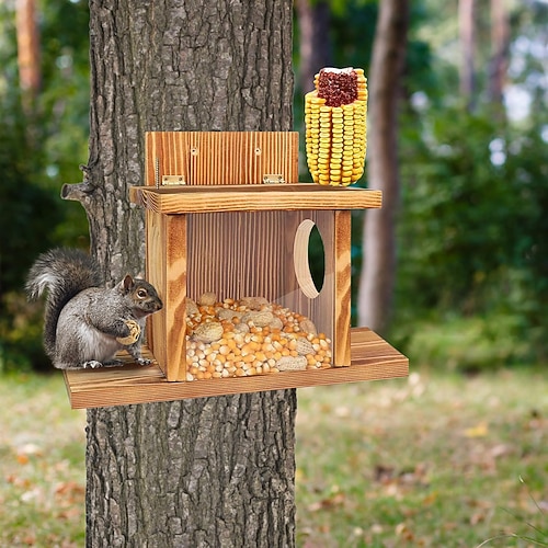 Eichhörnchen-Futterstation, an der Wand montierte, stabile Holzkonstruktion für den Hinterhof, feuchtigkeitsbeständige Futterbox aus Holz für den Außenbereich, für Garten, Baum