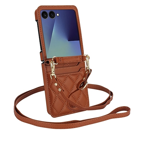 Handy Hülle Handyhüllen Für Samsung Galaxy Z Flip 7 Z Flip 6 Z Flip 5 Z Flip 4 Rückseite mit Trageriemen Kartenfach Stoßfest Retro TPU PU-Leder Image