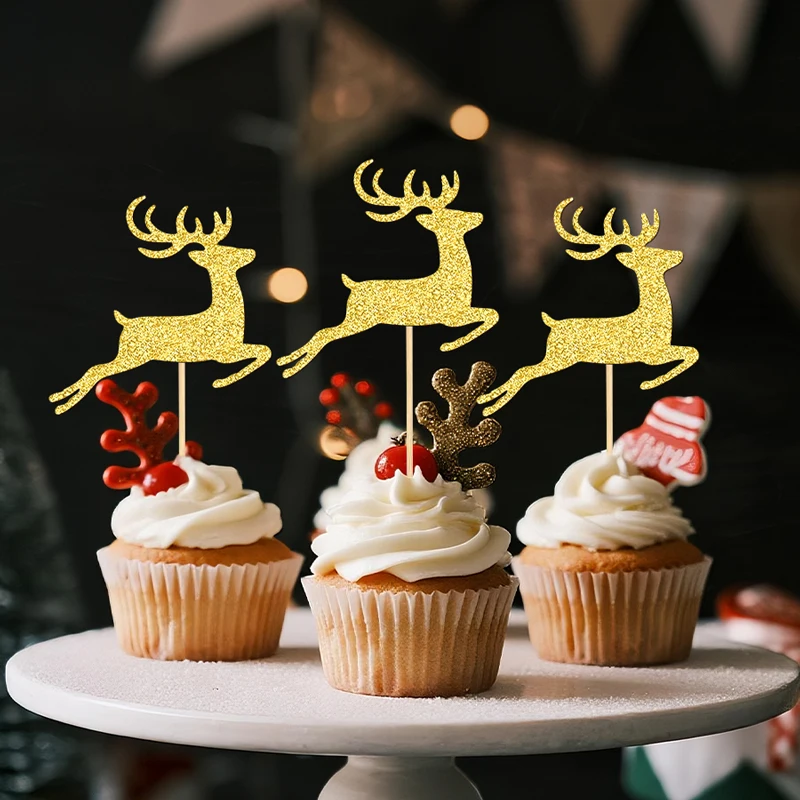 YOMDID 24 Stück glitzernde Hirsch-Kuchenaufsätze, Weihnachts-Hirsch-Cupcake-Topper, Hirsch-Cupcake-Picks für Weihnachtsfeier, Kuchendekorationen Image