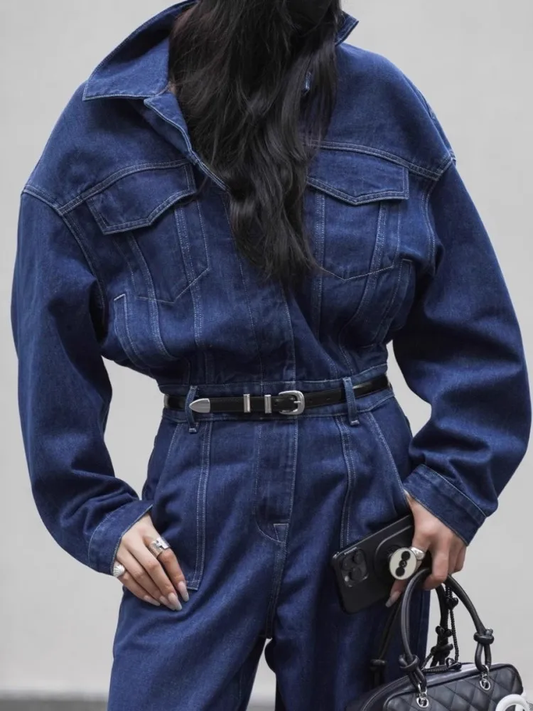 Blauer Design-Denim-Overall für Damen, Frühling und Herbst, Kragen, modische Arbeitskleidung, große Tasche, lockere Hose Image